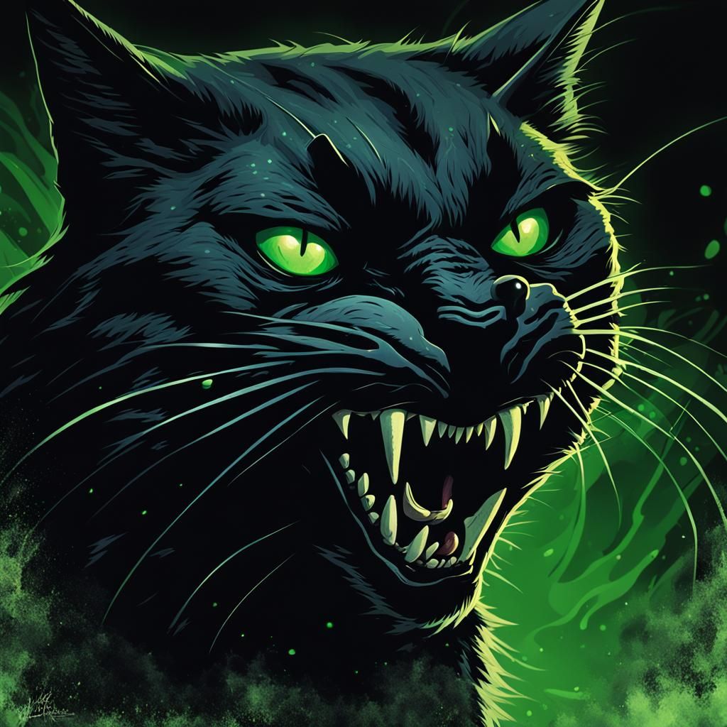 Menacing Black Cat Hissing in Dark Fantasy Style