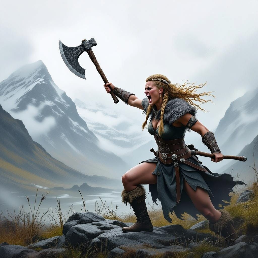 Viking Warrior Woman With Axe in Misty Mountains
