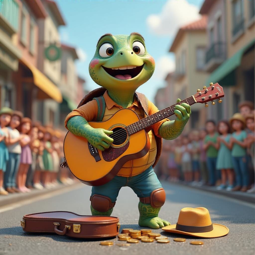 Pixar-Style Turtle Busker Charms Street Crowd