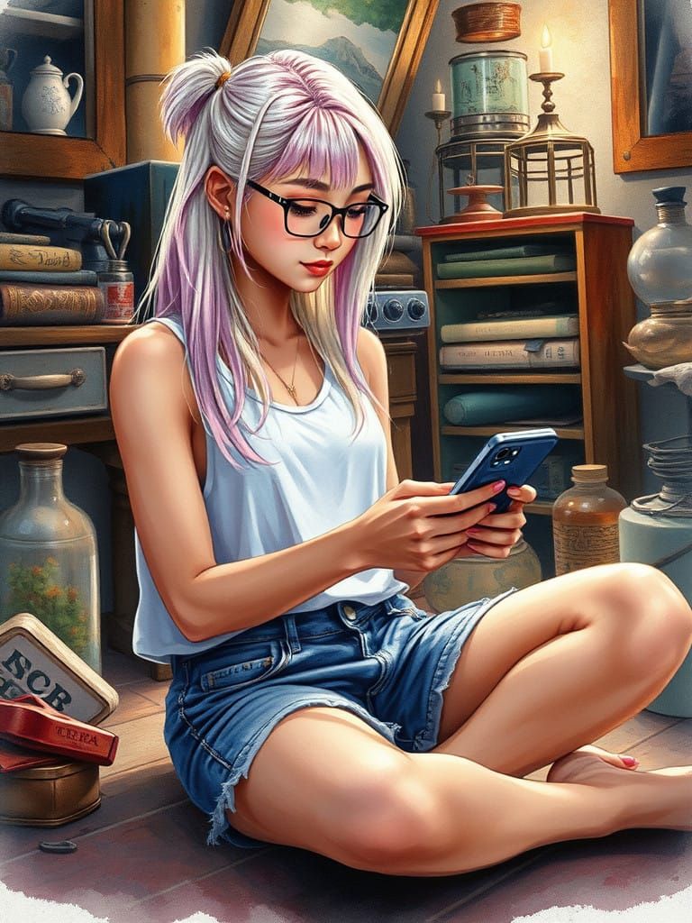 Dark Fantasy Watercolor Scene of Asian Woman in Trance with...