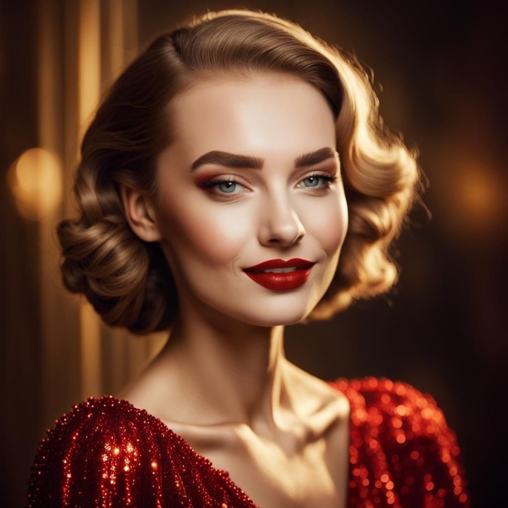 Smiling Woman with Red Lips Portrait