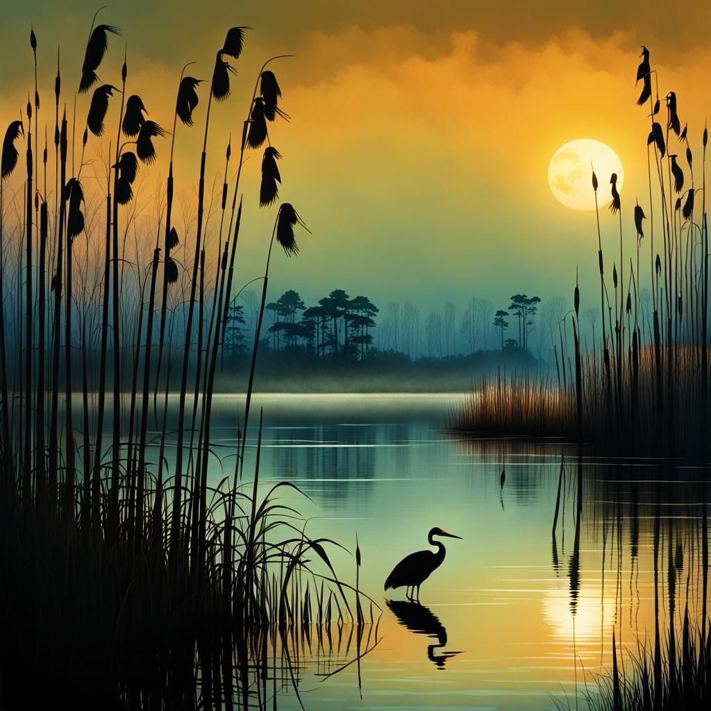 Cranes on Reed Lake Shore, Graphic Novel Style