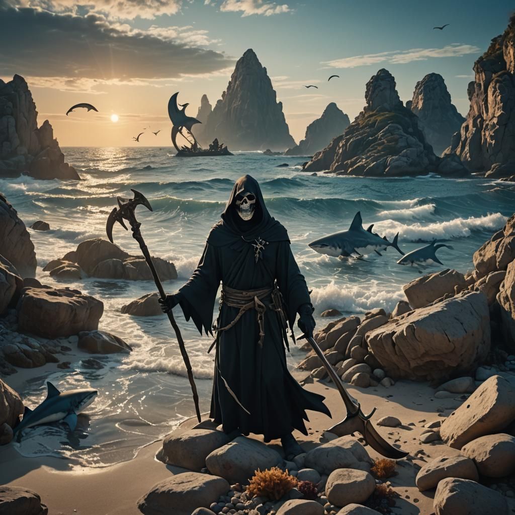 Grinning Reaper Surrounded by Sharks in Ocean