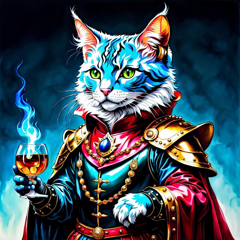 Armored Feline Sorcerer in Alcohol Ink Style