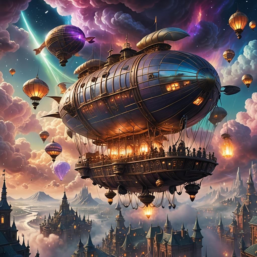 Mystical Airship Descends into Aurora Cloud City