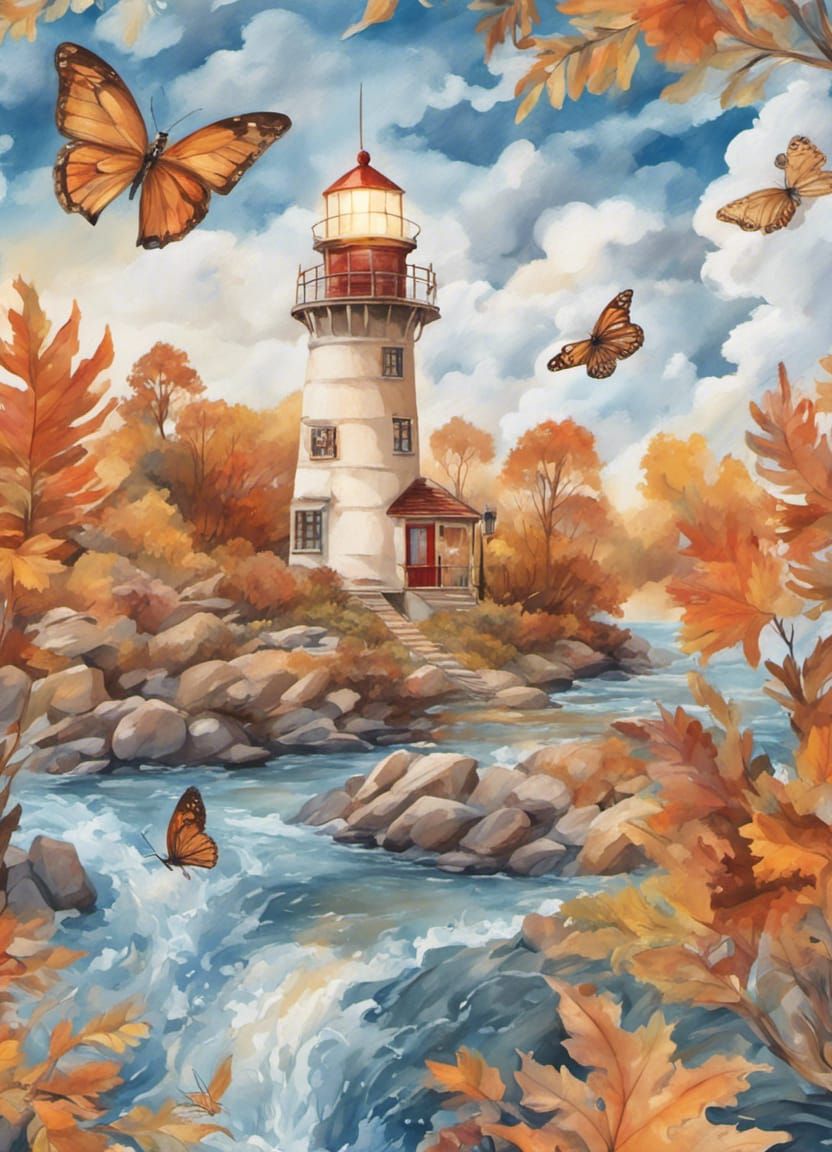 Enchanted Autumn Lighthouse in Gouache Style