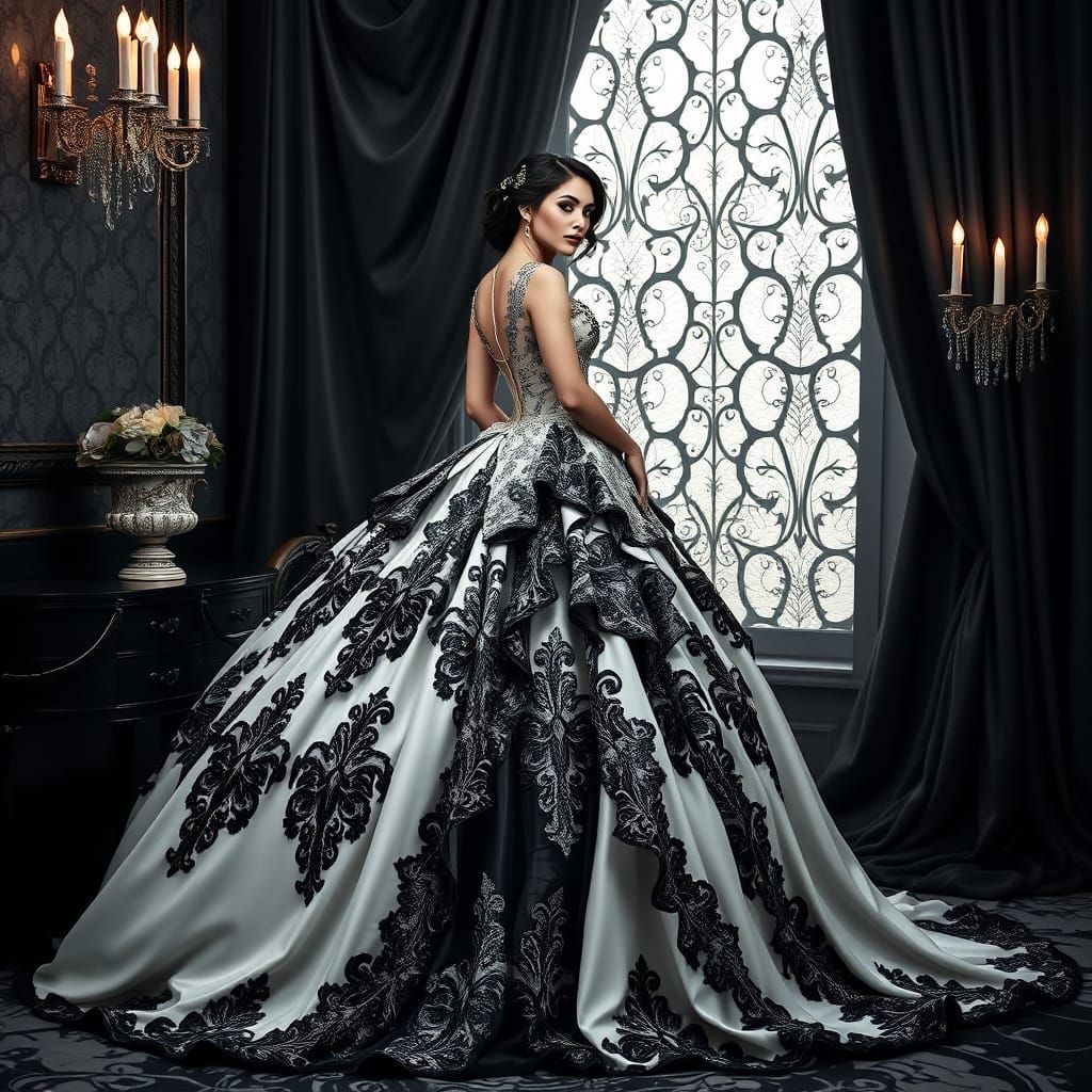 Elegant Woman in Art Nouveau Boudoir with Futuristic Ball Go...