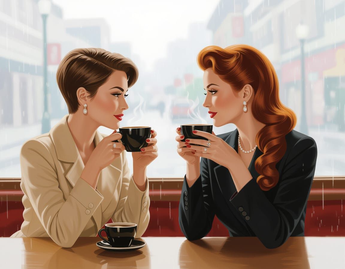 Modern & Retro Women Enjoying Coffee in Autumn Rain
