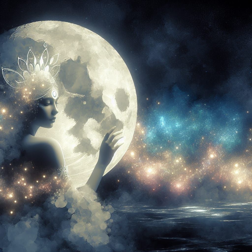 Ethereal Moon Goddess Illuminates Starry Night Sky