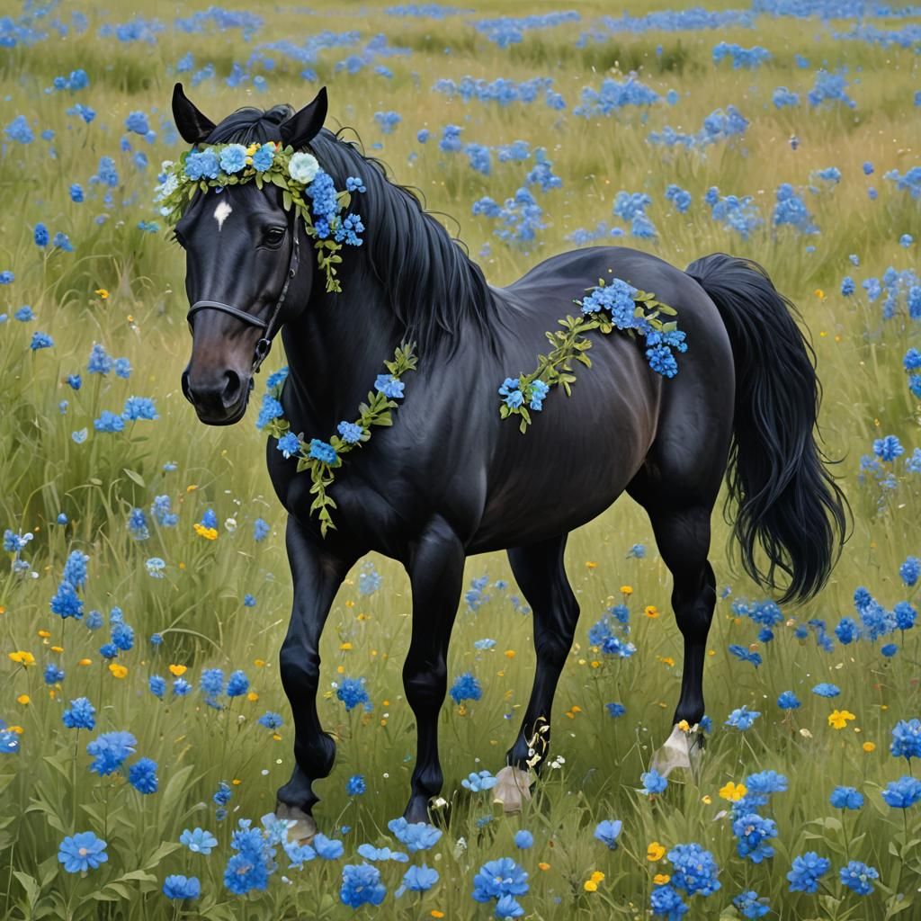 Black Horse with Blue Flower Crown in Meadow