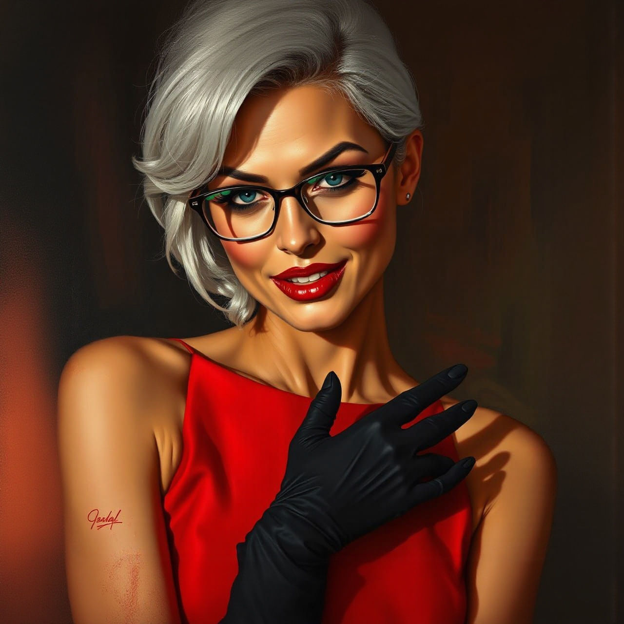 Sensual Femme Fatale in Red: Post-Modern Oil Painting