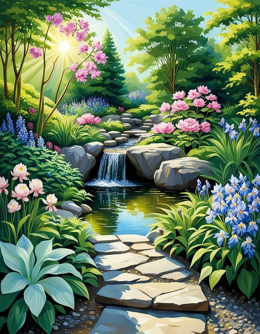 Impressionistic Garden with Pond and Waterfall
