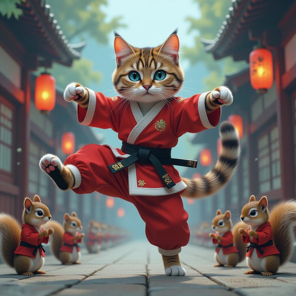 Giant Tabby Cat Martial Arts in Digital Painting Style