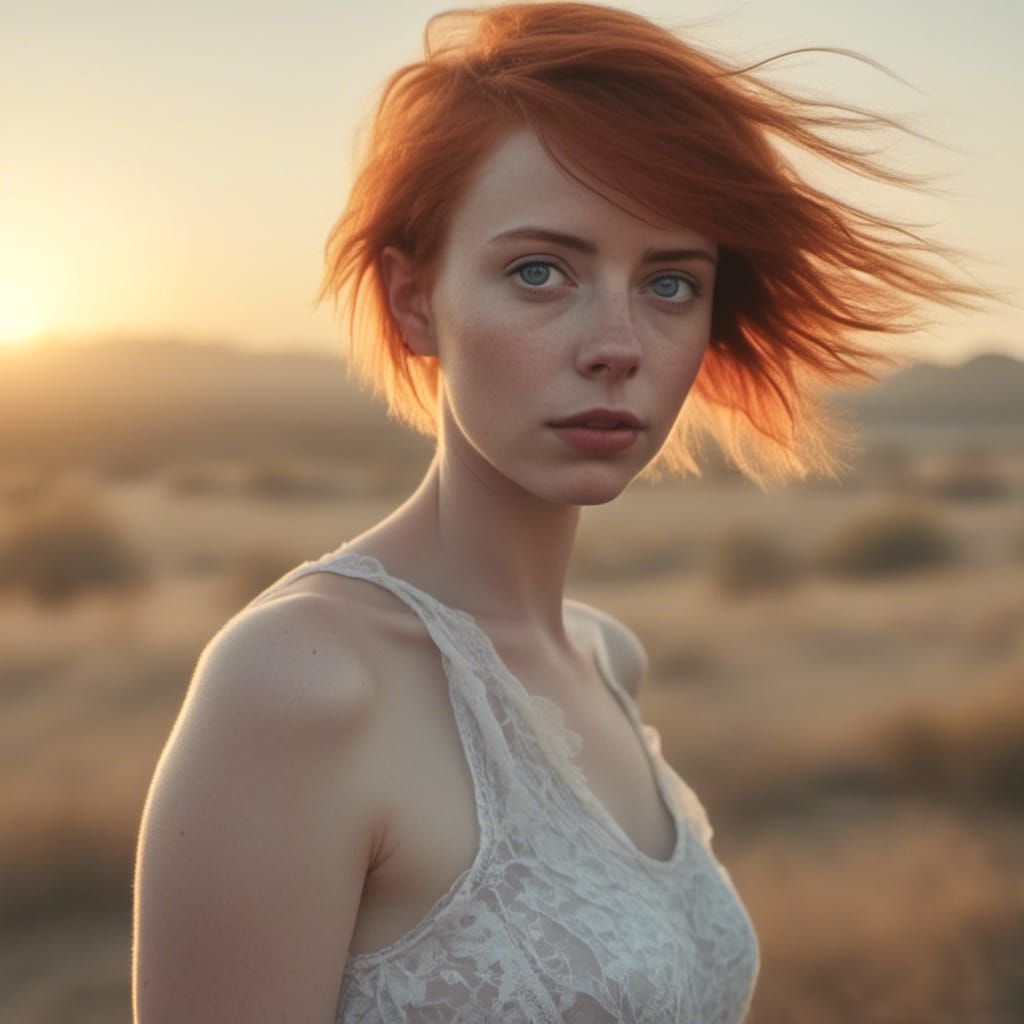 Redhead in White Dress: Hyperrealistic Mixed-Media Photograp...