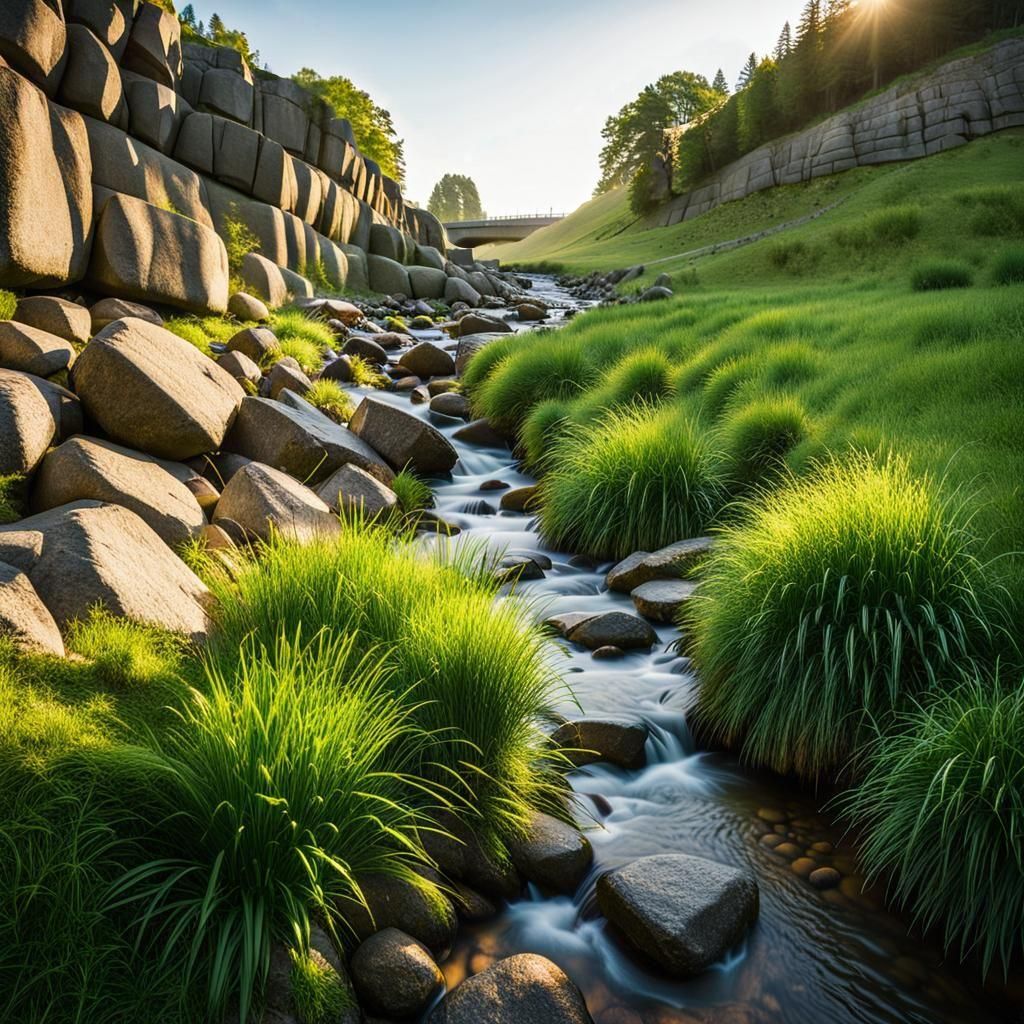 Wide Grassy Streambed with Boulder Retaining Wall