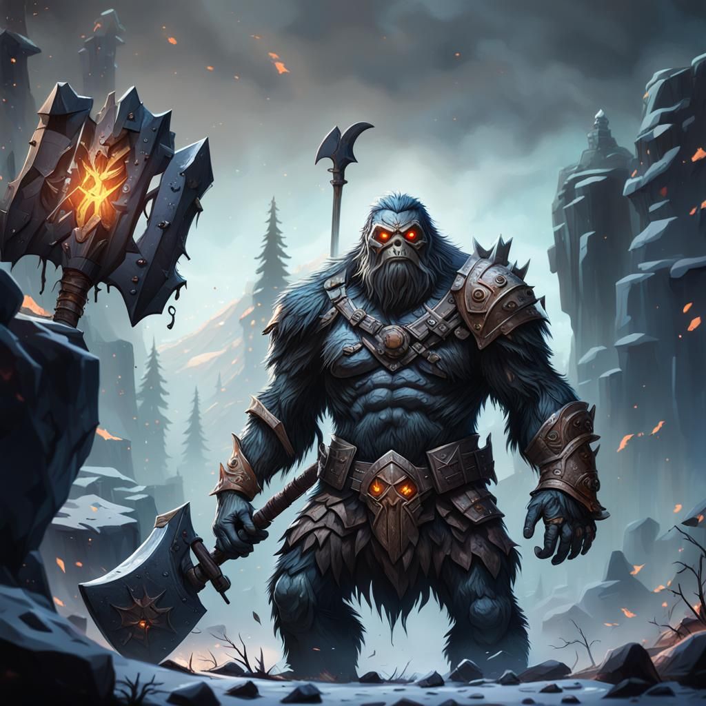 Armored Sasquatch Golem Warrior with Battle Axe