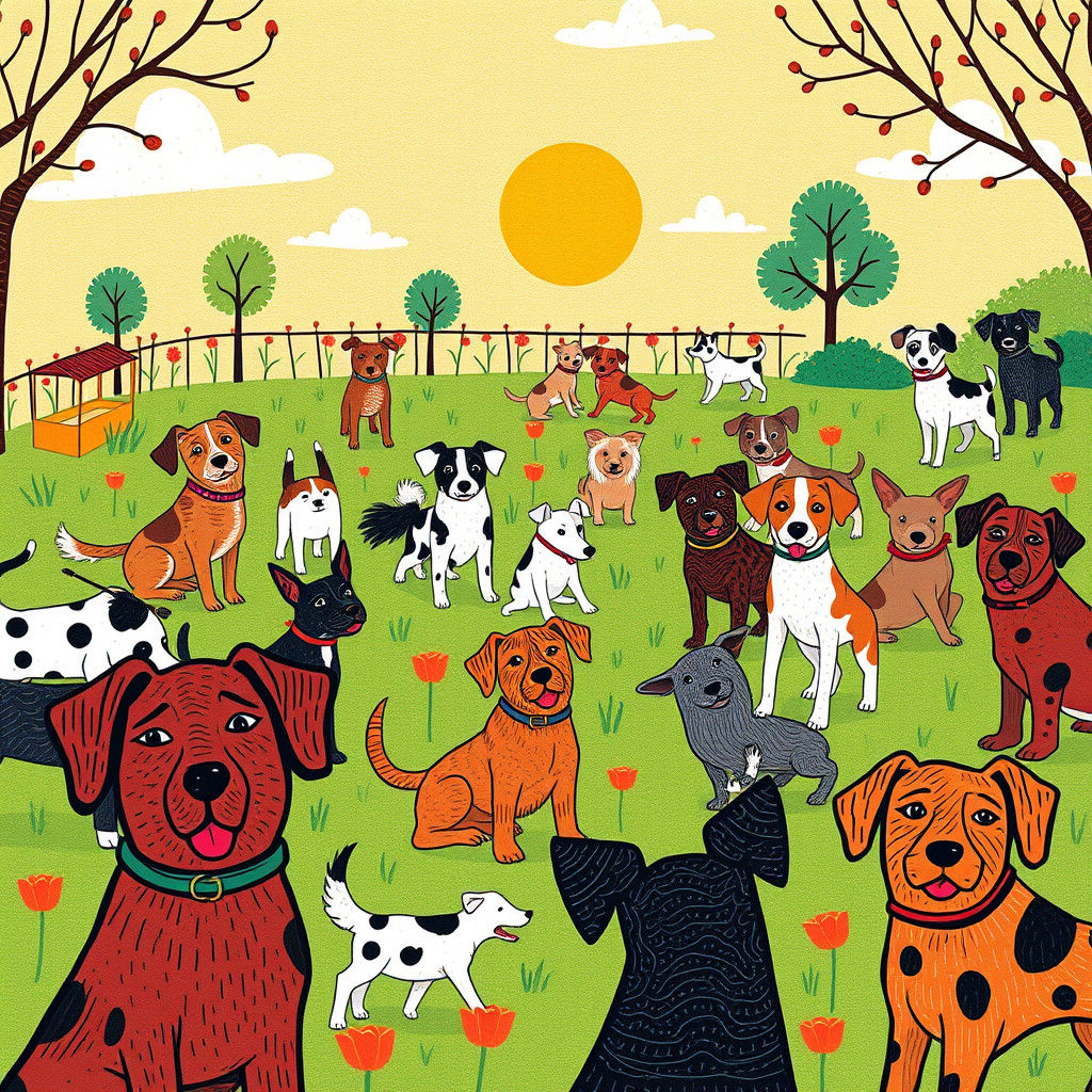 Vibrant Whimsical Dog Park Scene