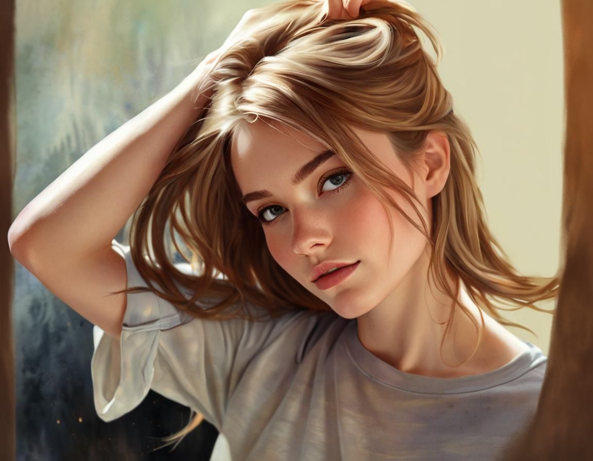 a young woman holding her hair up