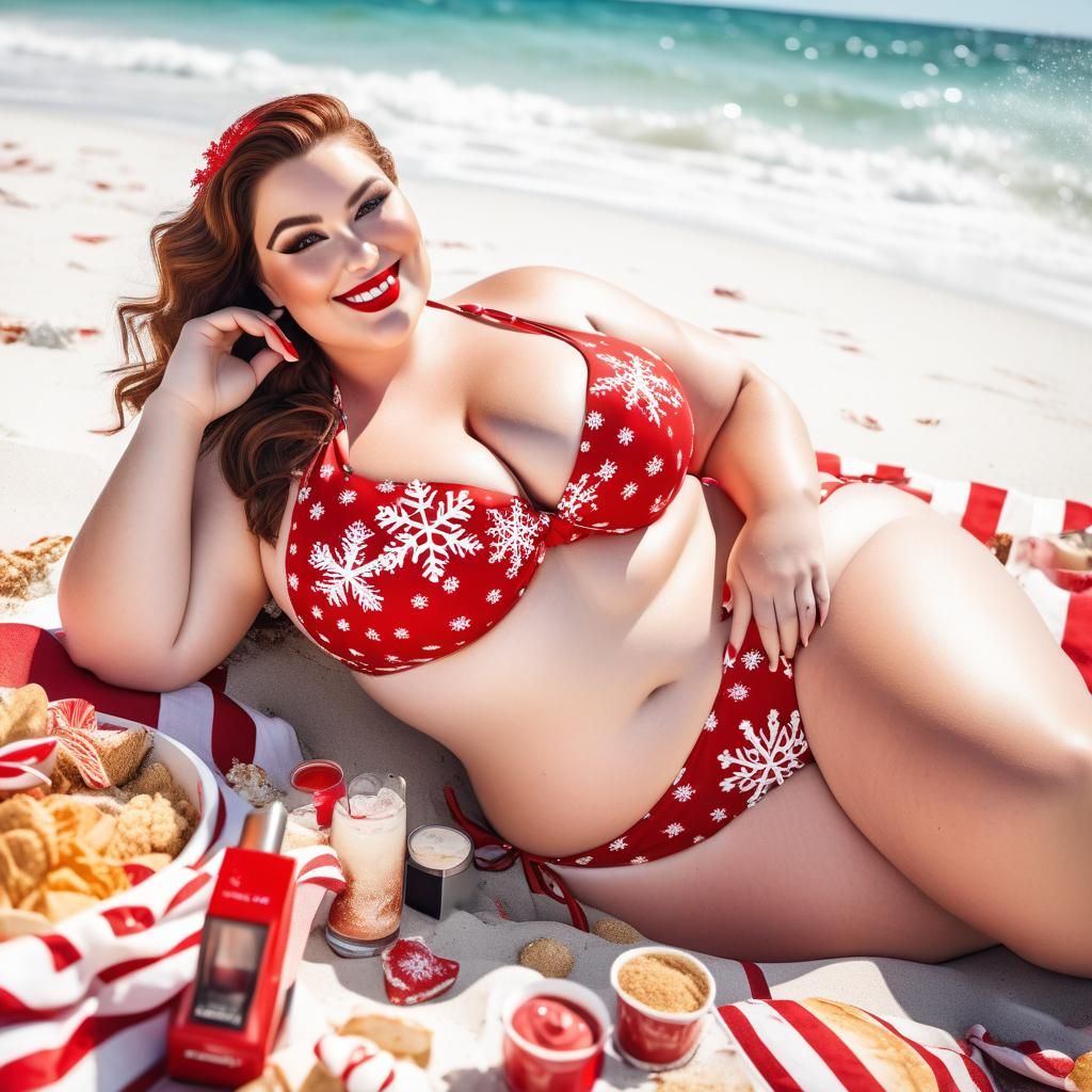Curvy Woman's Beach Christmas in Red Bikini