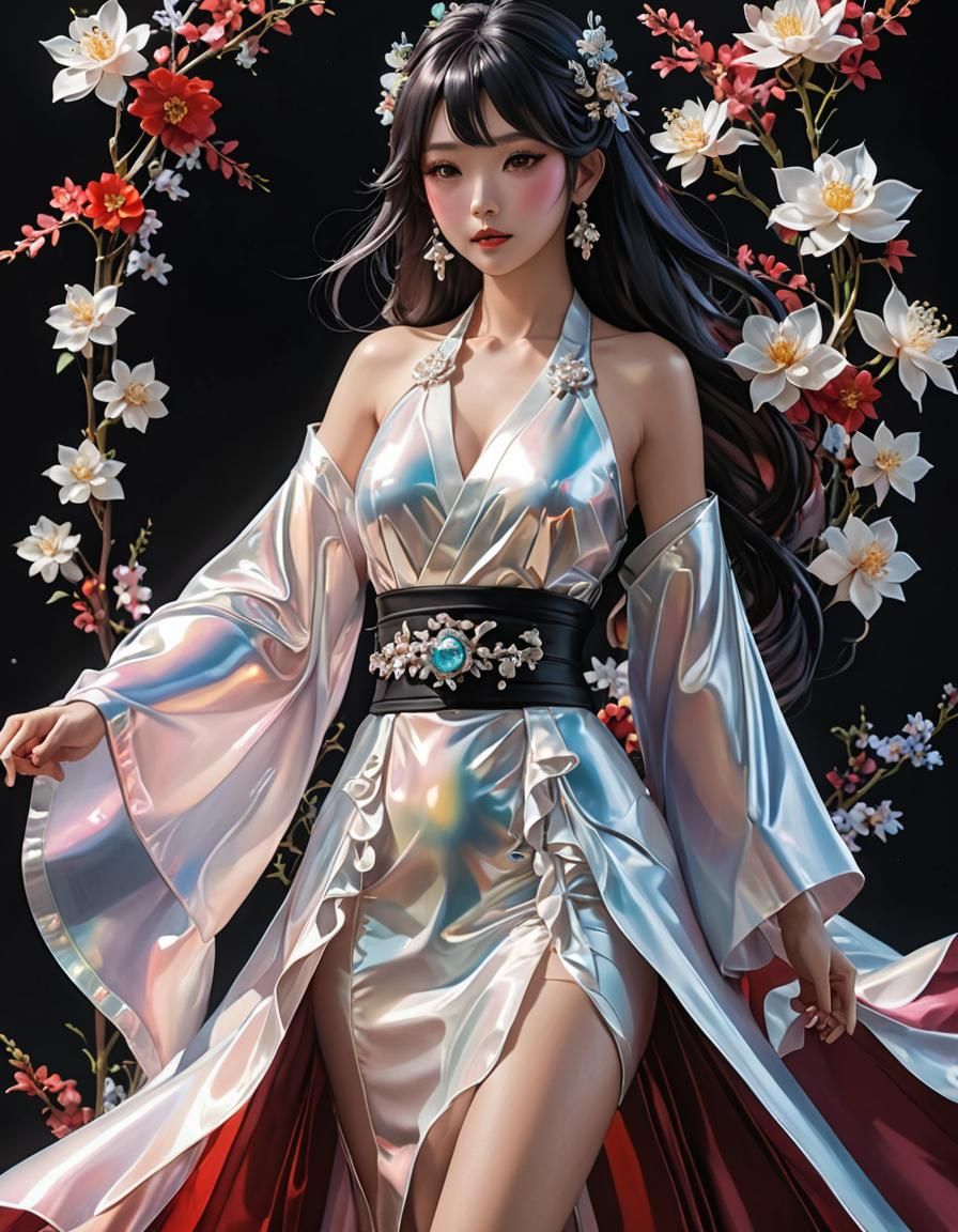 Red and Silver Kimono in Anime Style