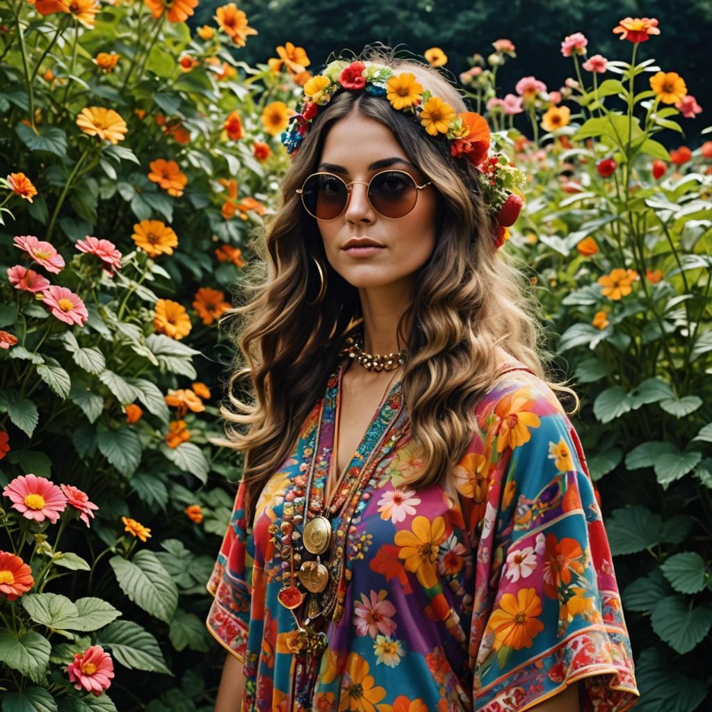 A 1967 photography of a hippie girl with funky sunglasses, d...