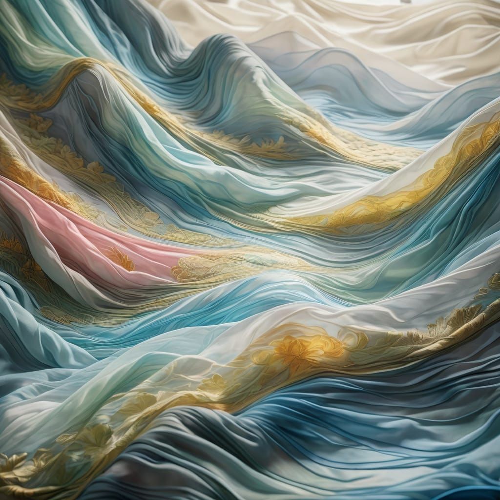 "An ethereal painting of majestic mountains and a flowing ri...
