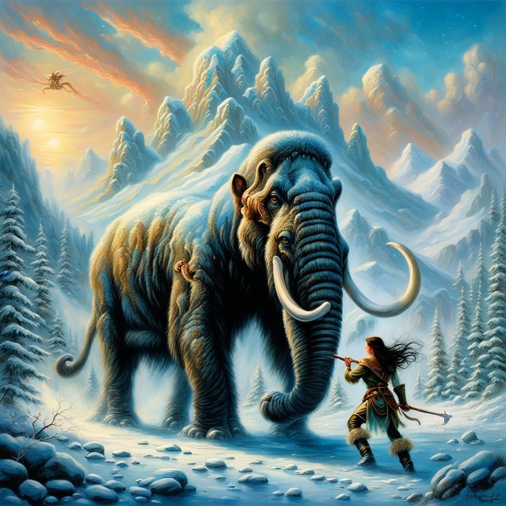 Arctic Ninja Women Hunt Mammoth in Fantasy Style