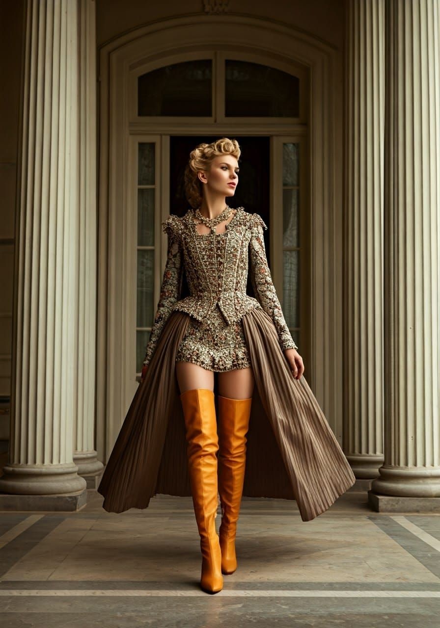 Elegant Woman Strolls Through Grand Mansion Portico in Luxur...