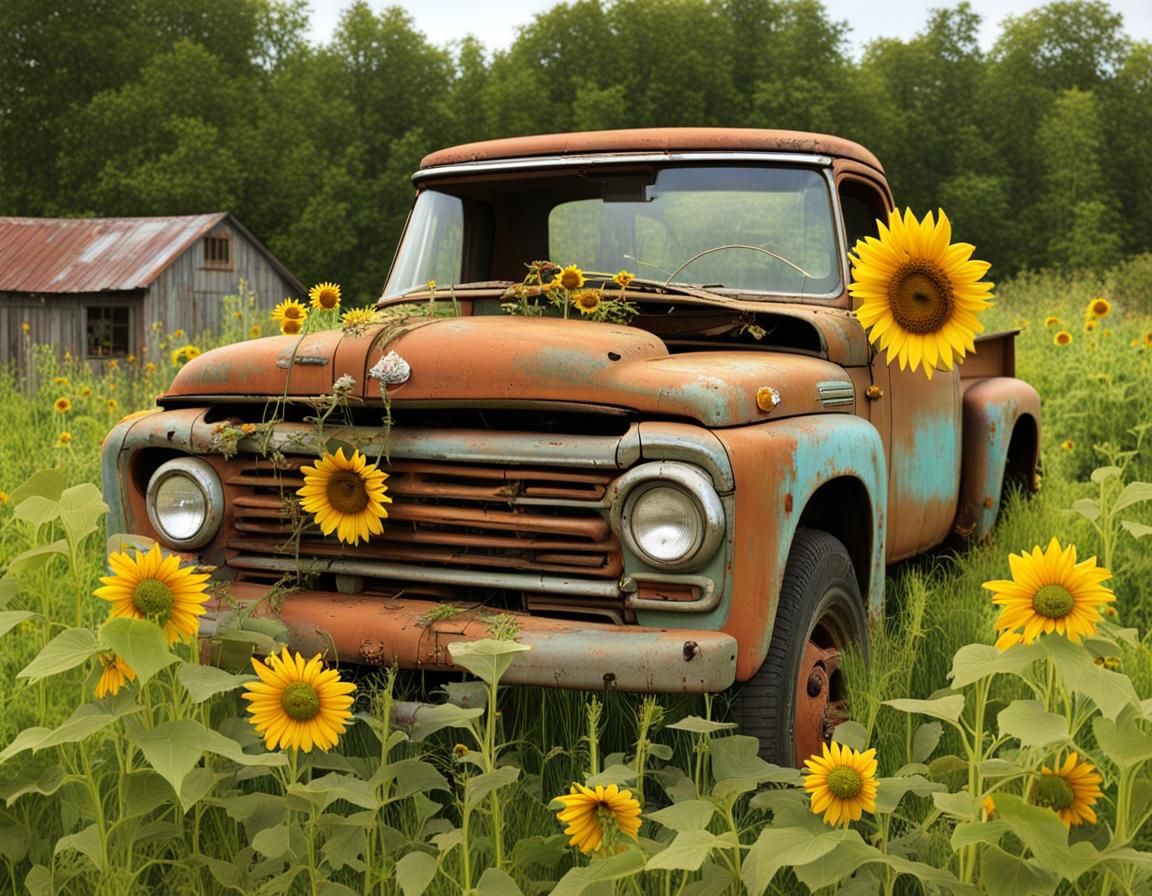 Rustic Ford Truck with Sunflowers and Gnome