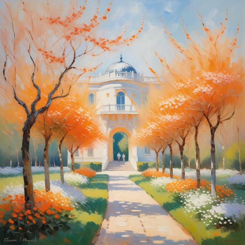 Idyllic Tangerine Garden with White Palace, Impressionist St...