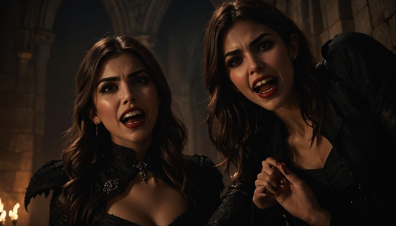 Vampires with Fangs in Dark Gothic Castle