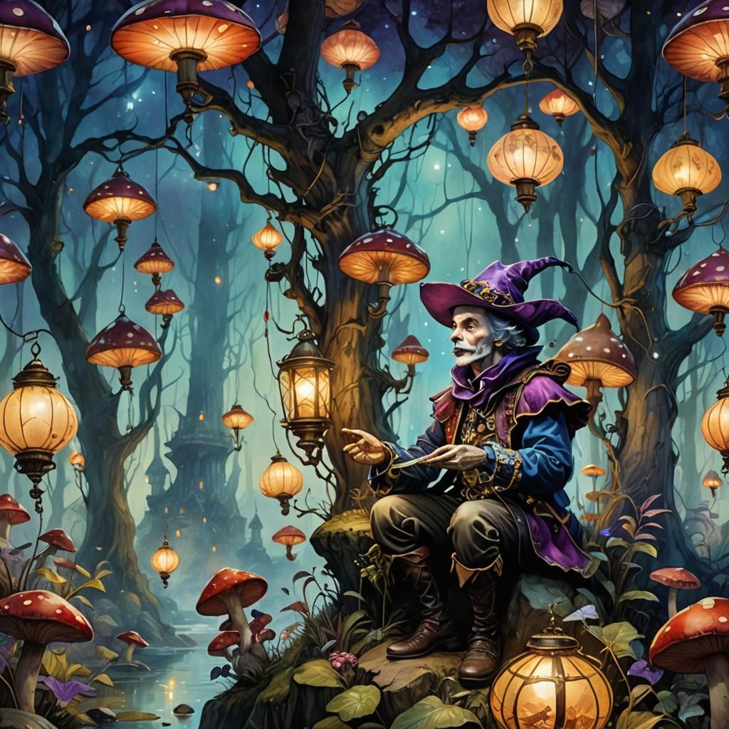 Harlequin in Fantasy World: Surreal Digital Painting