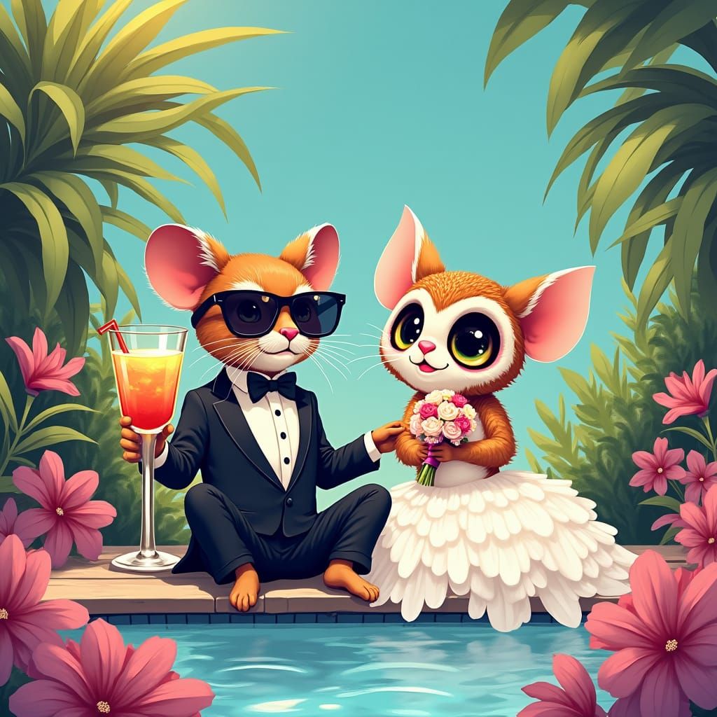 Cool Cat in Sunglasses: A Retro-Futuristic Poolside Scene