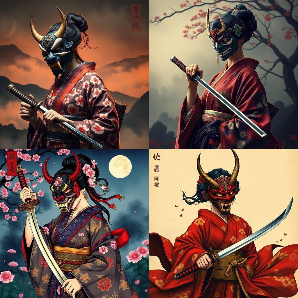 Geisha Goddess Wears Oni Mask and Wields Katana