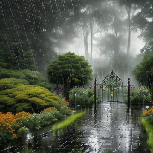 Enchanted Garden Gate in Summer Rain
