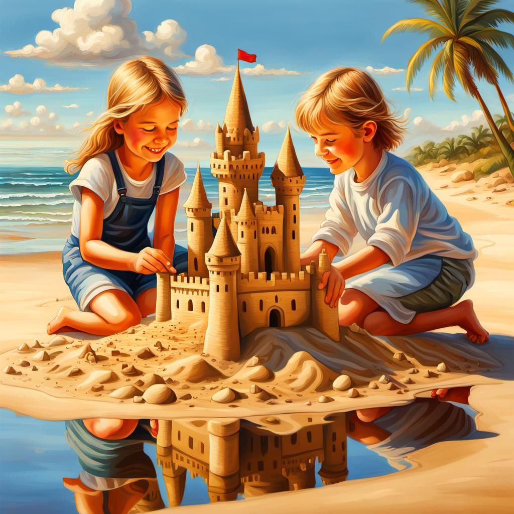 Children Building Sandcastle: A Digital Oil Painting