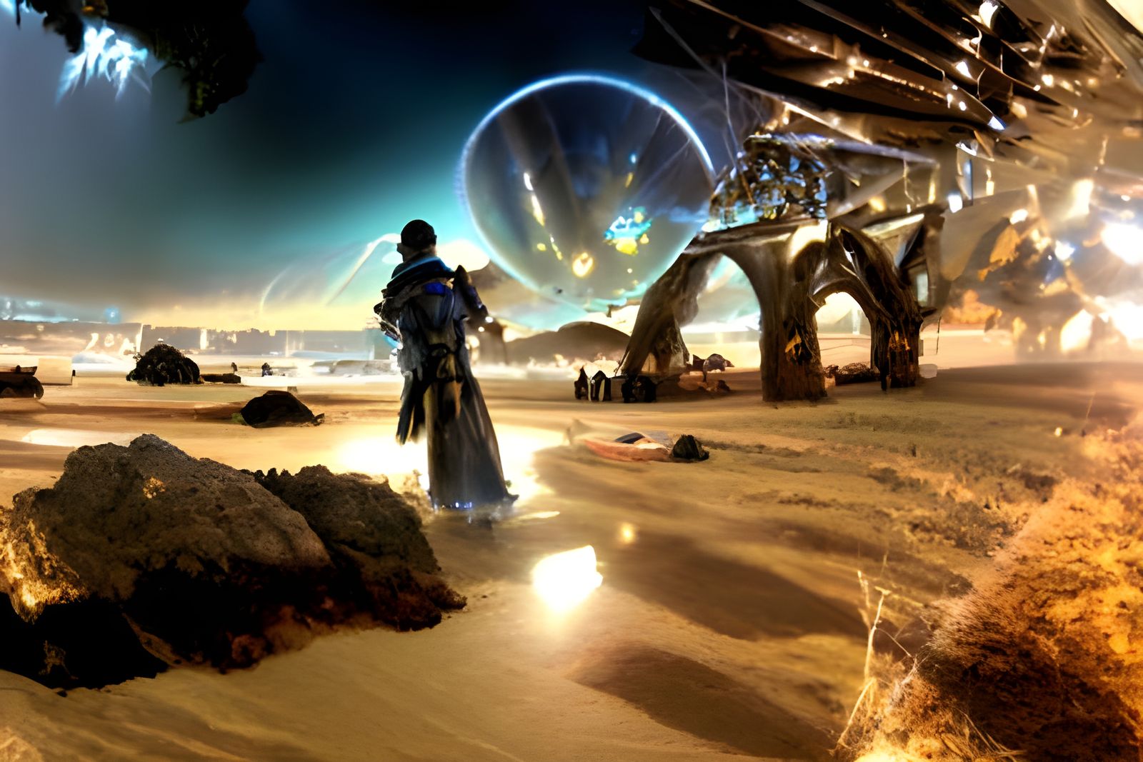 Man on Beach Stares at Starship in Sci-Fi Sky