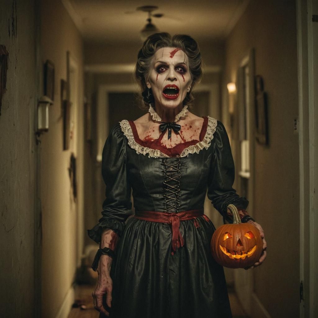 Cinematic Vampire Housewife with Bloody Pumpkin