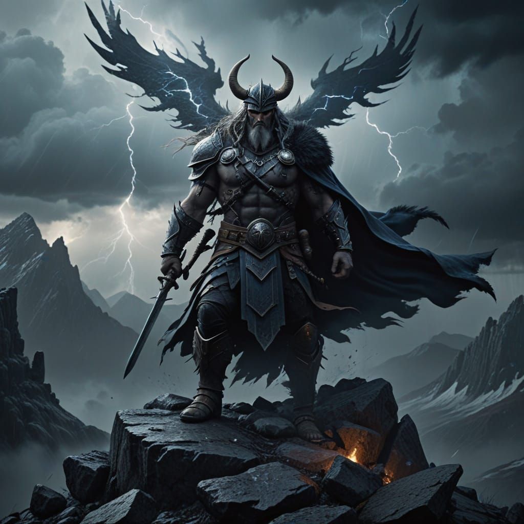 Norse God on Stormy Peak with Gungnir