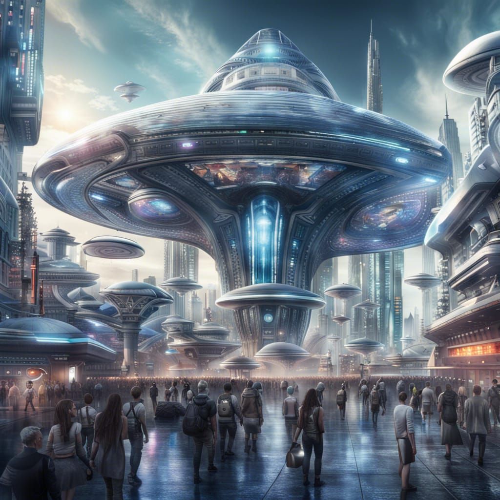 Futuristic Cityscape with Holograms and Hybrid Aliens