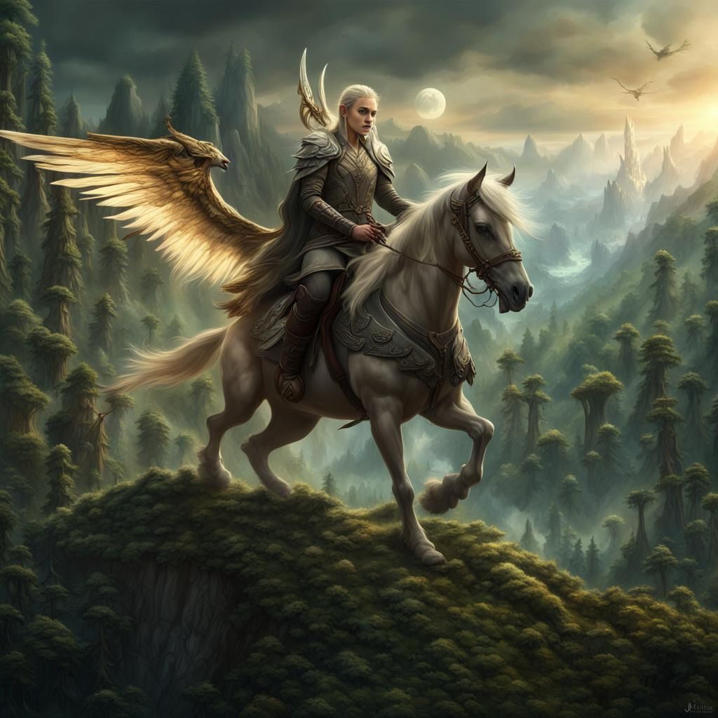 Elven Warrior on Pegasus in Epic Forest Chase