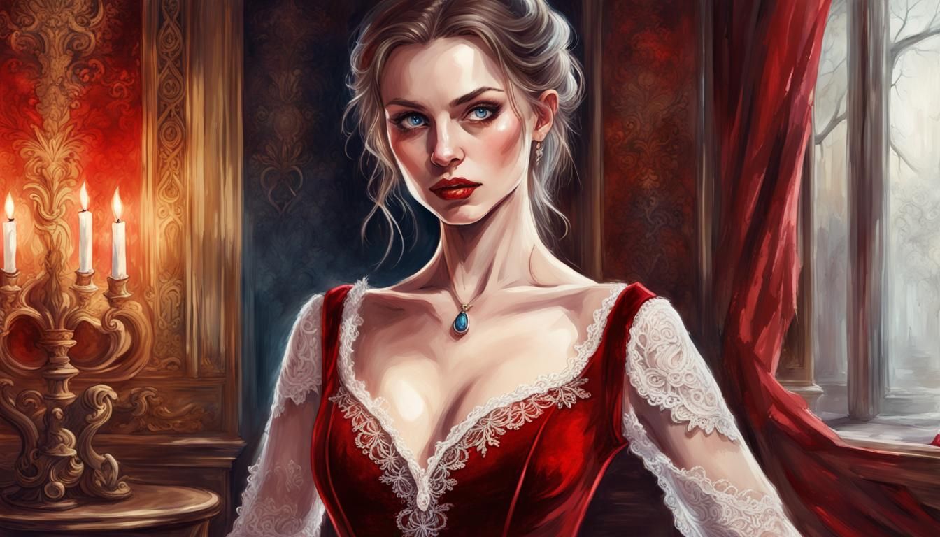 Vampire Lady in Red Velvet Dress Portrait