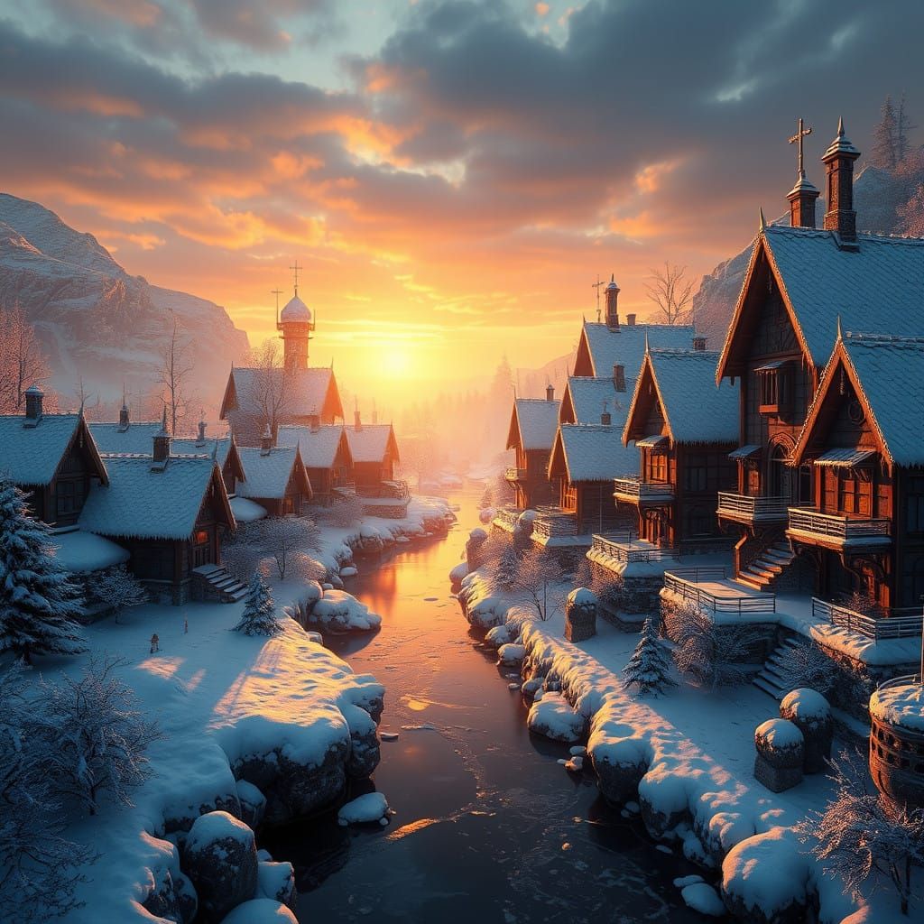 Fantastical Snow-Kissed Village at Dawn