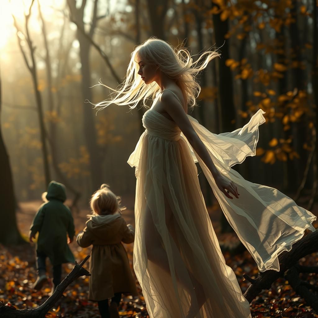 Ethereal Ghost Watches Children in Autumn Forest