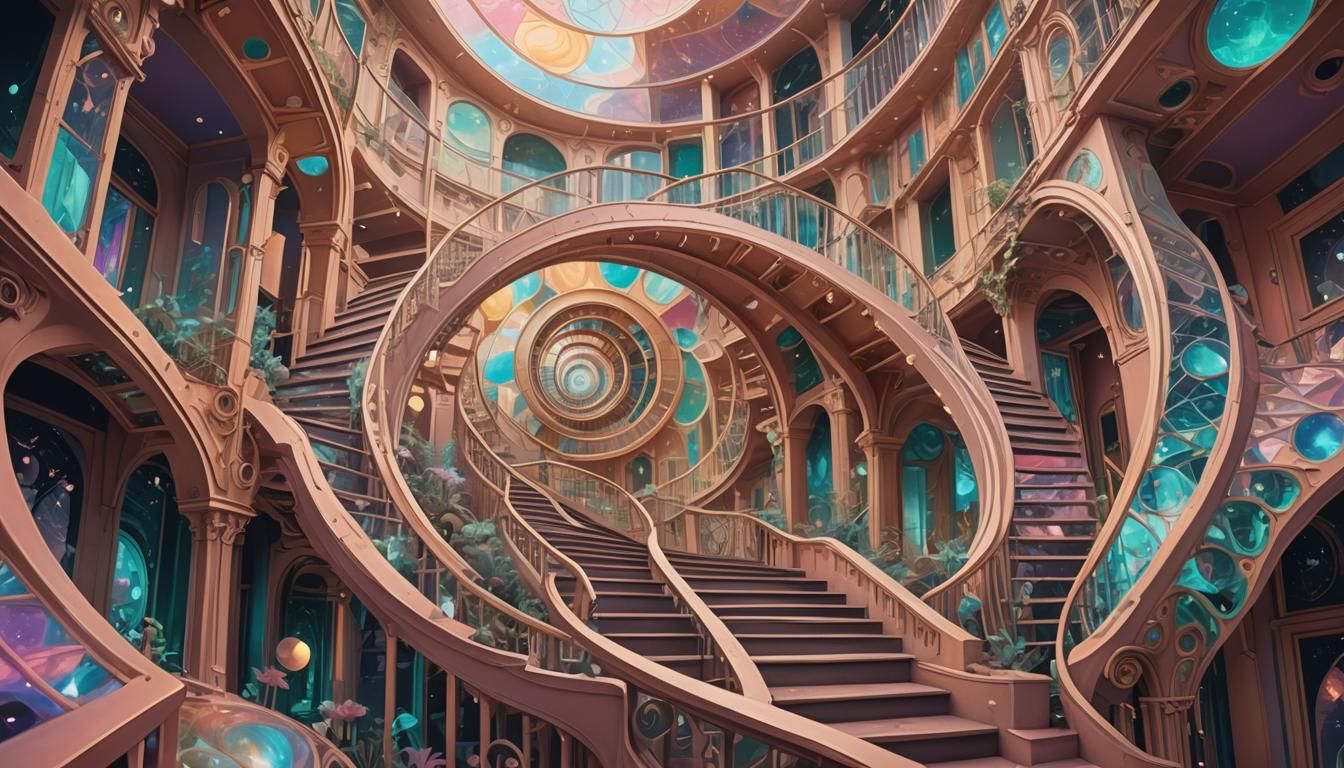 Dreamlike Surreal Staircases in Psychedelic Astral Landscape