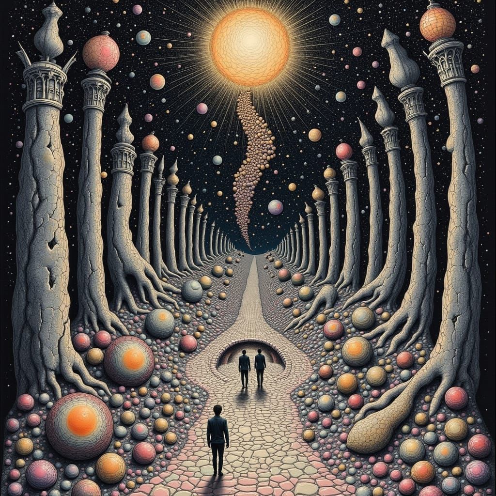 Surrealist Dreamscape in Escher-Inspired Aesthetic