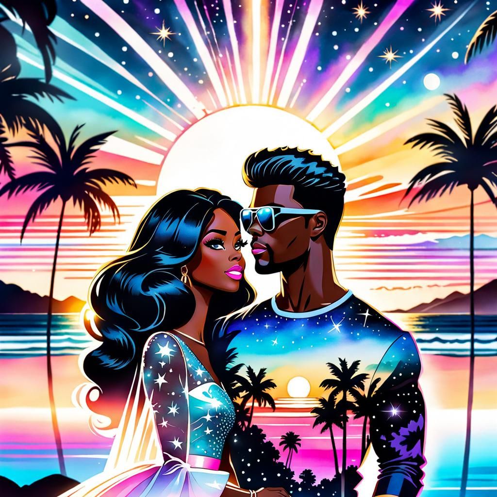 Dreamy Barbie and Ken Portrait in Watercolor Style