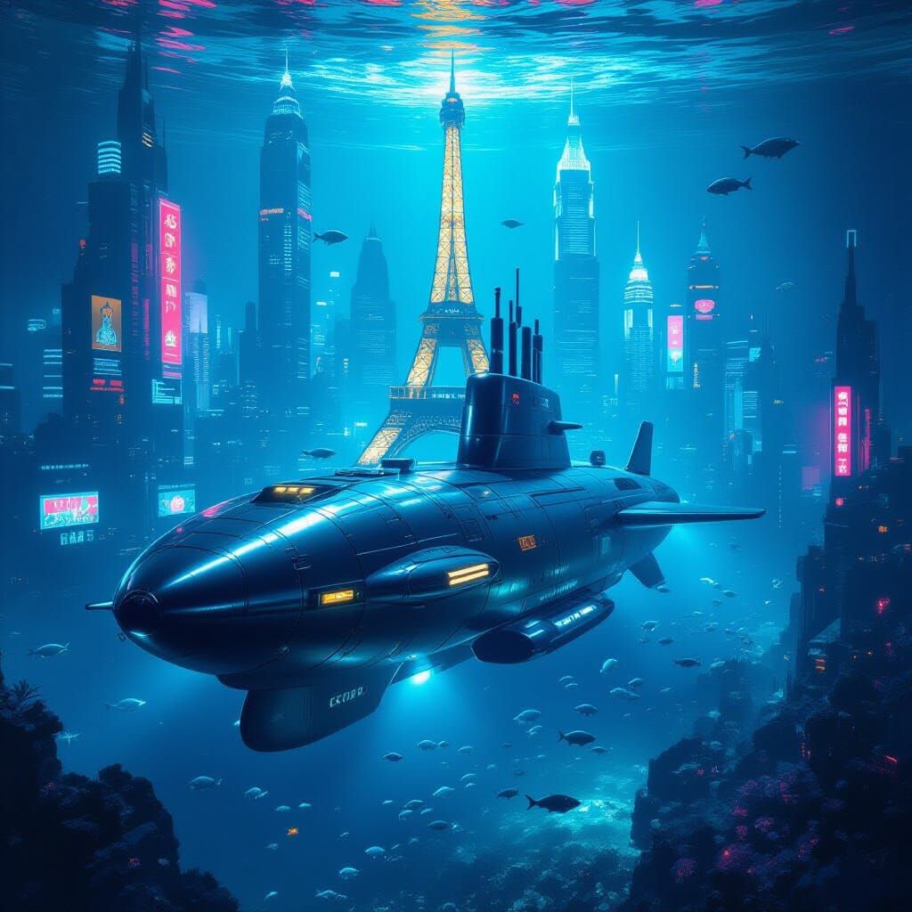Futuristic Submarine Carrier in Underwater Cyberpunk City