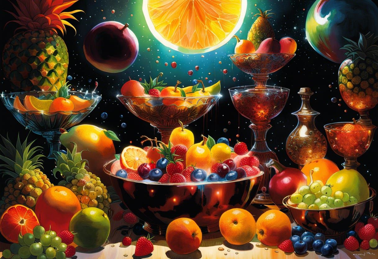 Table with Bowls filled with delicious fruits served for Gods in heaven