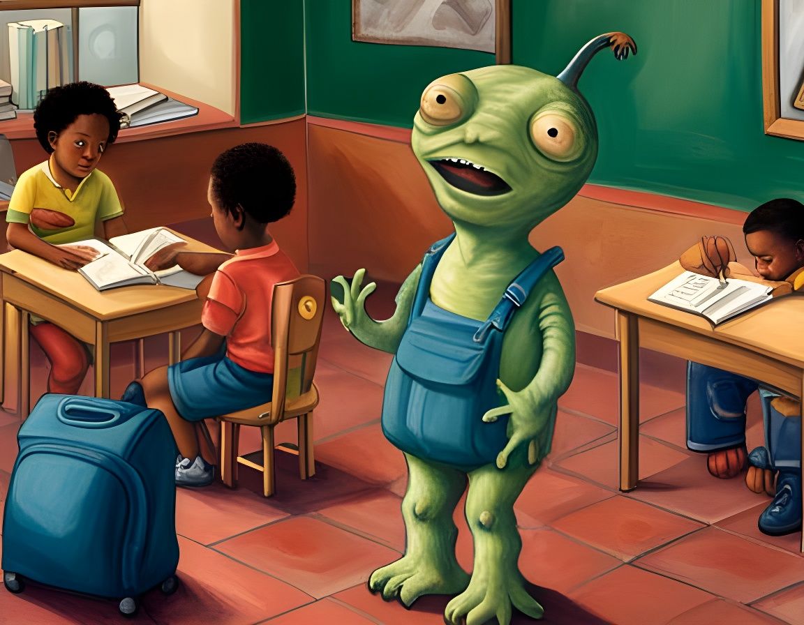 a little alien monster in his kindergarten classroom for his first day of school, detailed realism, by artist Diego Riv...